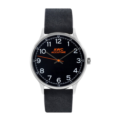 Handmade Watch - Pershing Black Suede Strap Watch, 40mm,  AWC Accutime®
